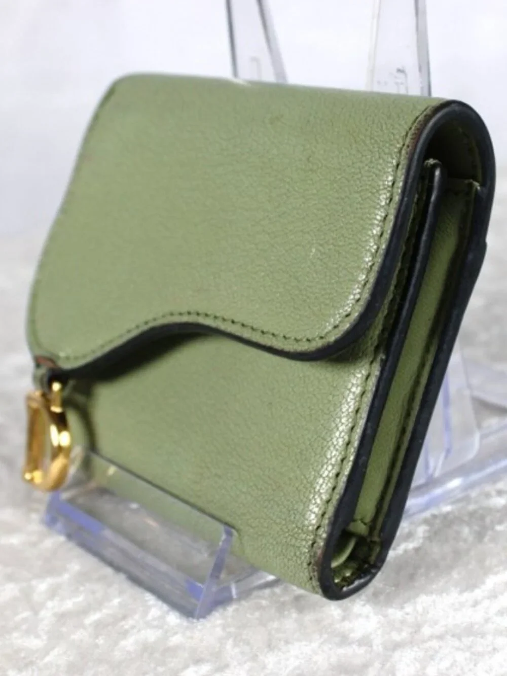 Authentic Christian Dior Saddle Wallet Sage Green Leather Gold D Charm